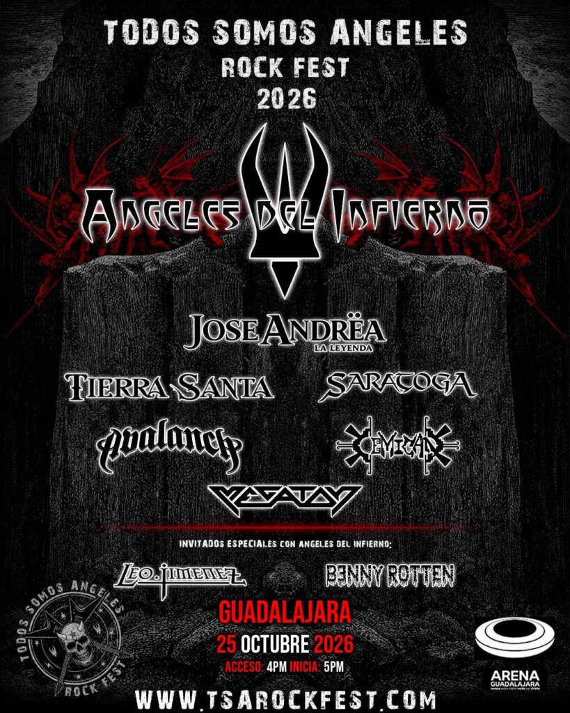 Flyer oficial del Todos Somos Ángeles Rock Fest 2026 en la Arena Guadalajara