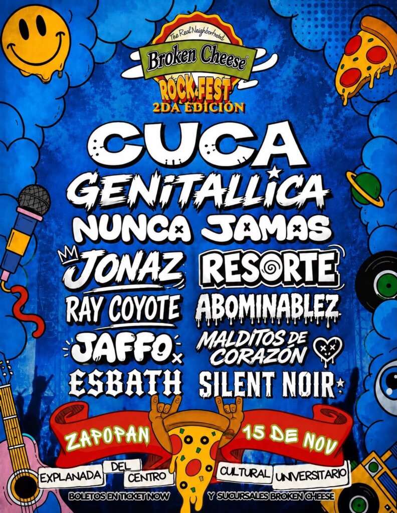 Flyer del Broken Cheese Rock Fest 2026 en Zapopan: Cuca, Genitallica, Nunca Jamás, Jonaz y Resorte