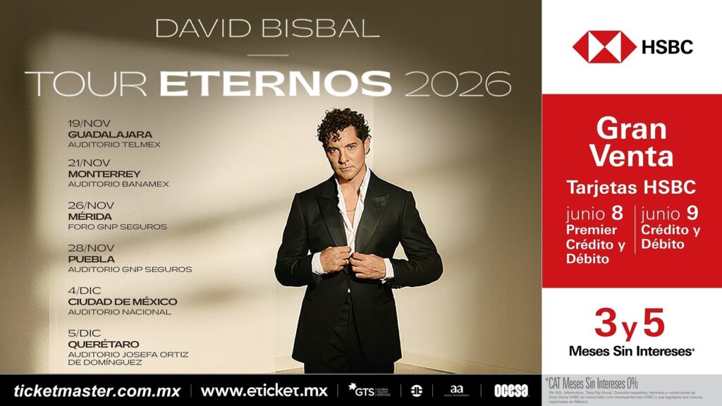Flyer de David Bisbal en México: Tour Eternos 2026 con todas las fechas