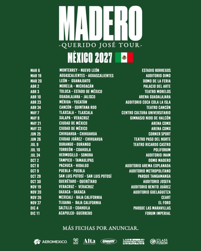 Flyer de José Madero en México 2027: fechas del Querido José Tour