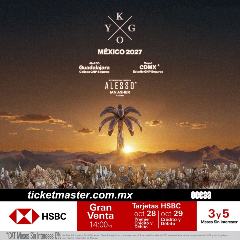 Flyer de Kygo en México 2027: Coliseo GNP Seguros y Estadio GNP Seguros