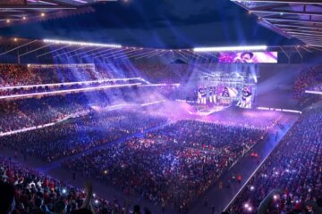 Nuevo estadio del Atlas en modo concierto, con escenario y público en la cancha