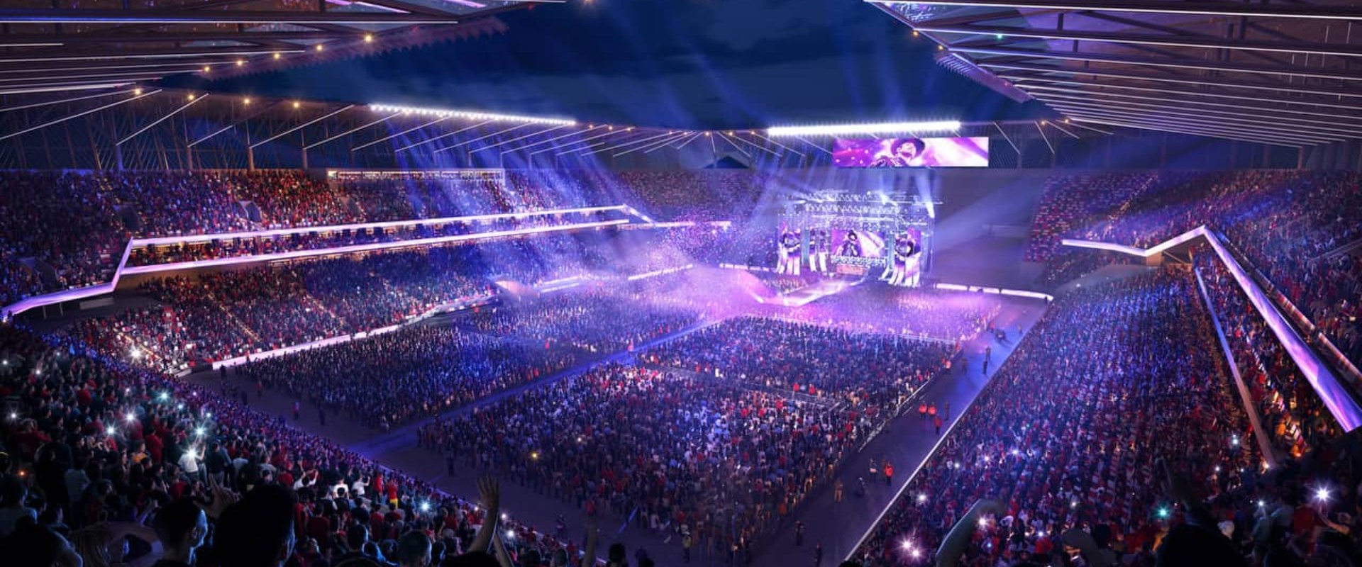 Nuevo estadio del Atlas en modo concierto, con escenario y público en la cancha