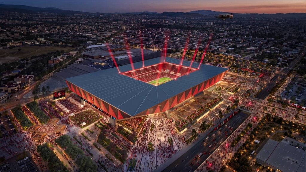 Vista aérea nocturna del nuevo estadio del Atlas y Leones Negros en Ciudad UdeG