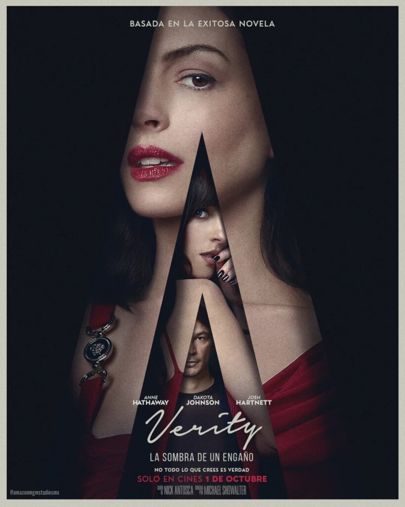 Póster de Verity: La sombra de un engaño con Anne Hathaway, Dakota Johnson y Josh Hartnett